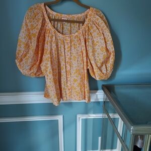 Sundry Floral Puff Sleeve Blouse - Yellow and White
